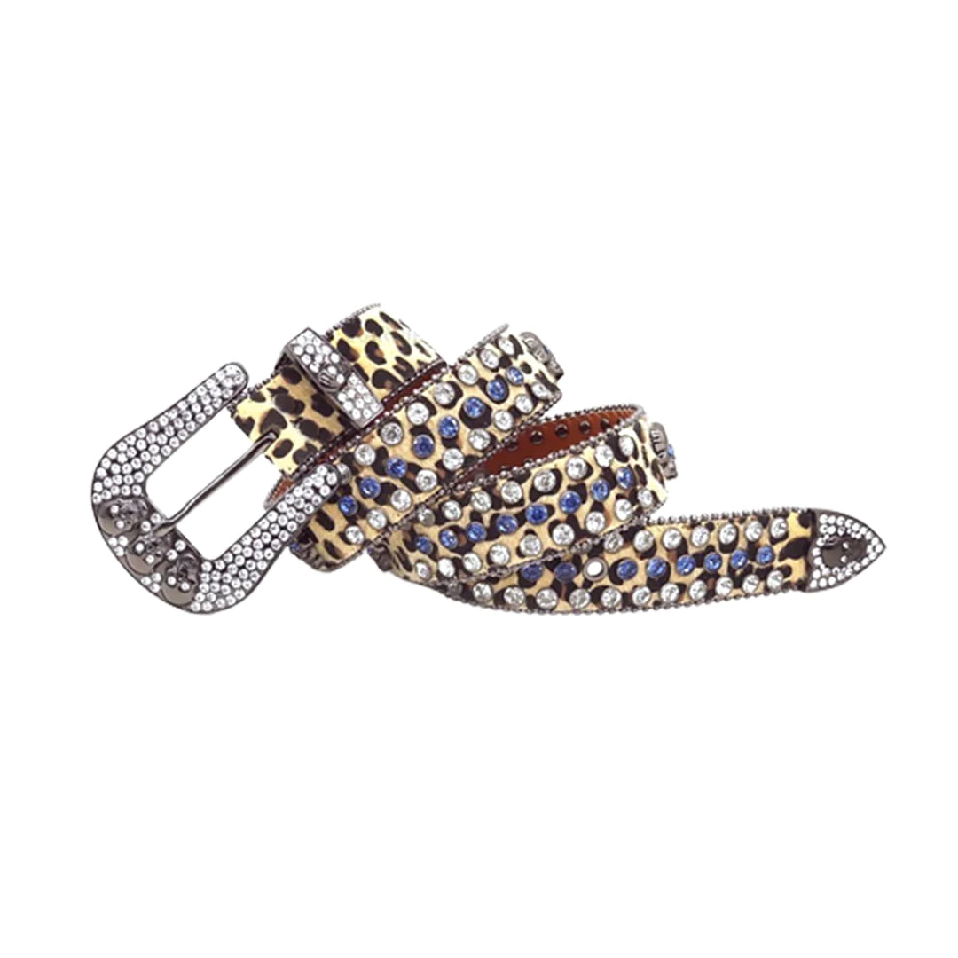 Skull Buckle Leopard Strap With Blue & Crystal Studded Rhinestone Belt