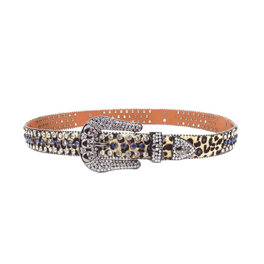 Skull Buckle Leopard Strap With Blue & Crystal Studded Rhinestone Belt