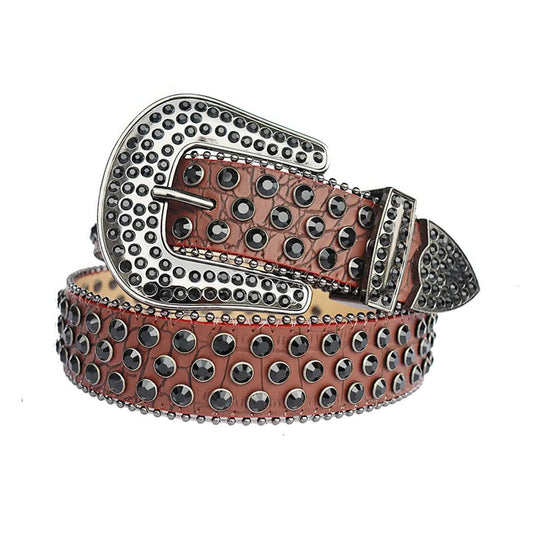 Black Rhinestone Belt With Brown Textured Strap