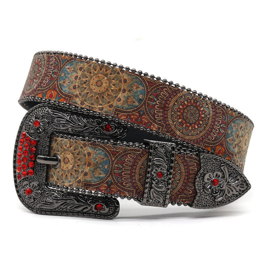 Engraved Buckle Zombie Art Red Studded Rhinestone Belt