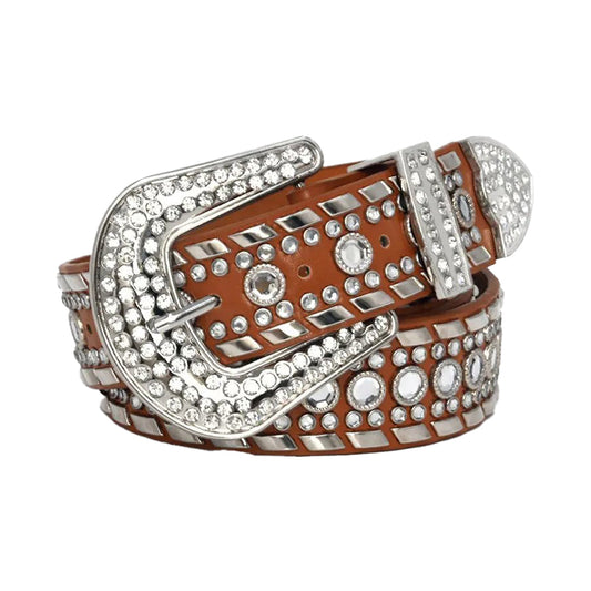 Diamond Rhinestone Belt With Brown Strap
