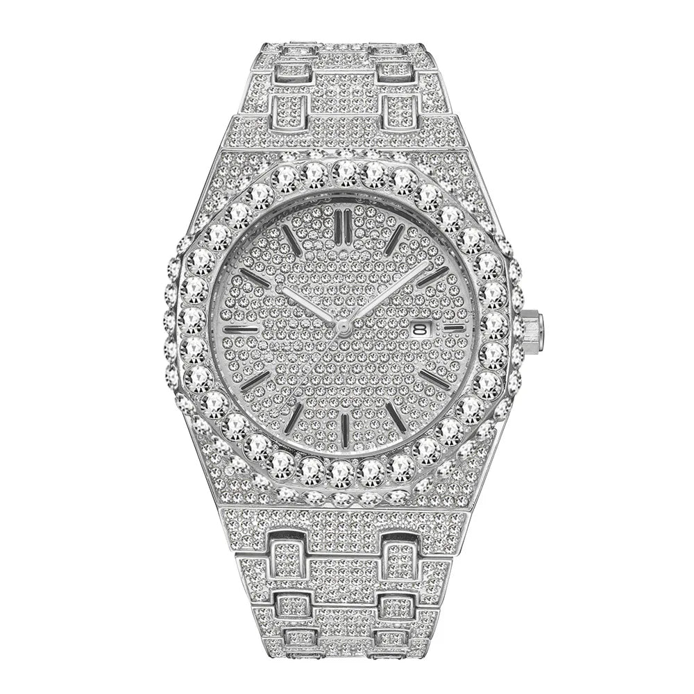 18K Gold-Plated Iced-Out Waterproof Men's Watch