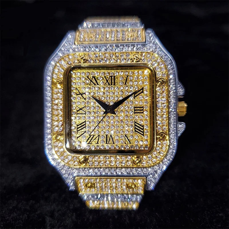 Iced-Out Men's Quartz Watch with CZ & Moissanite Stones