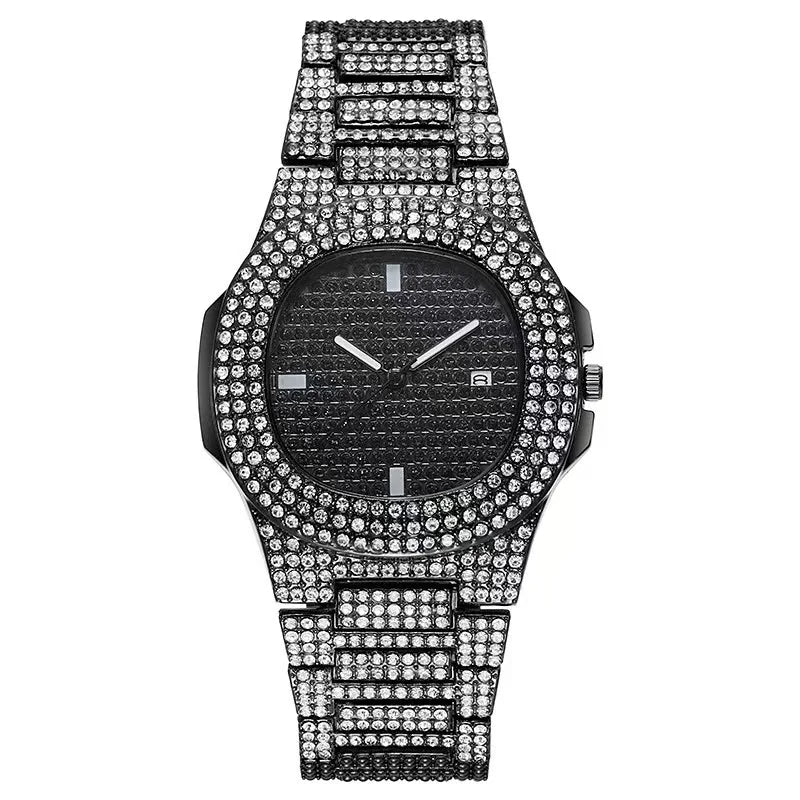 Men's Hip Hop Iced Out Quartz Watch with Stainless Steel Band