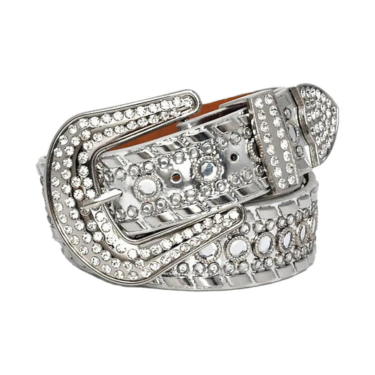 Diamond Rhinestone and Silver Studs Belt With Grey Strap