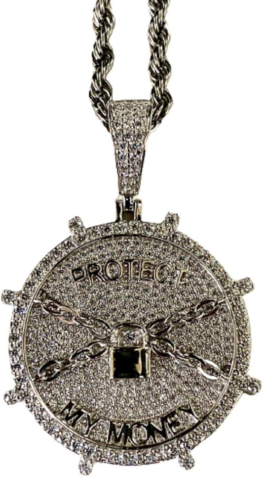 Protect My Money Words Round Pendent Rhinestone Necklace