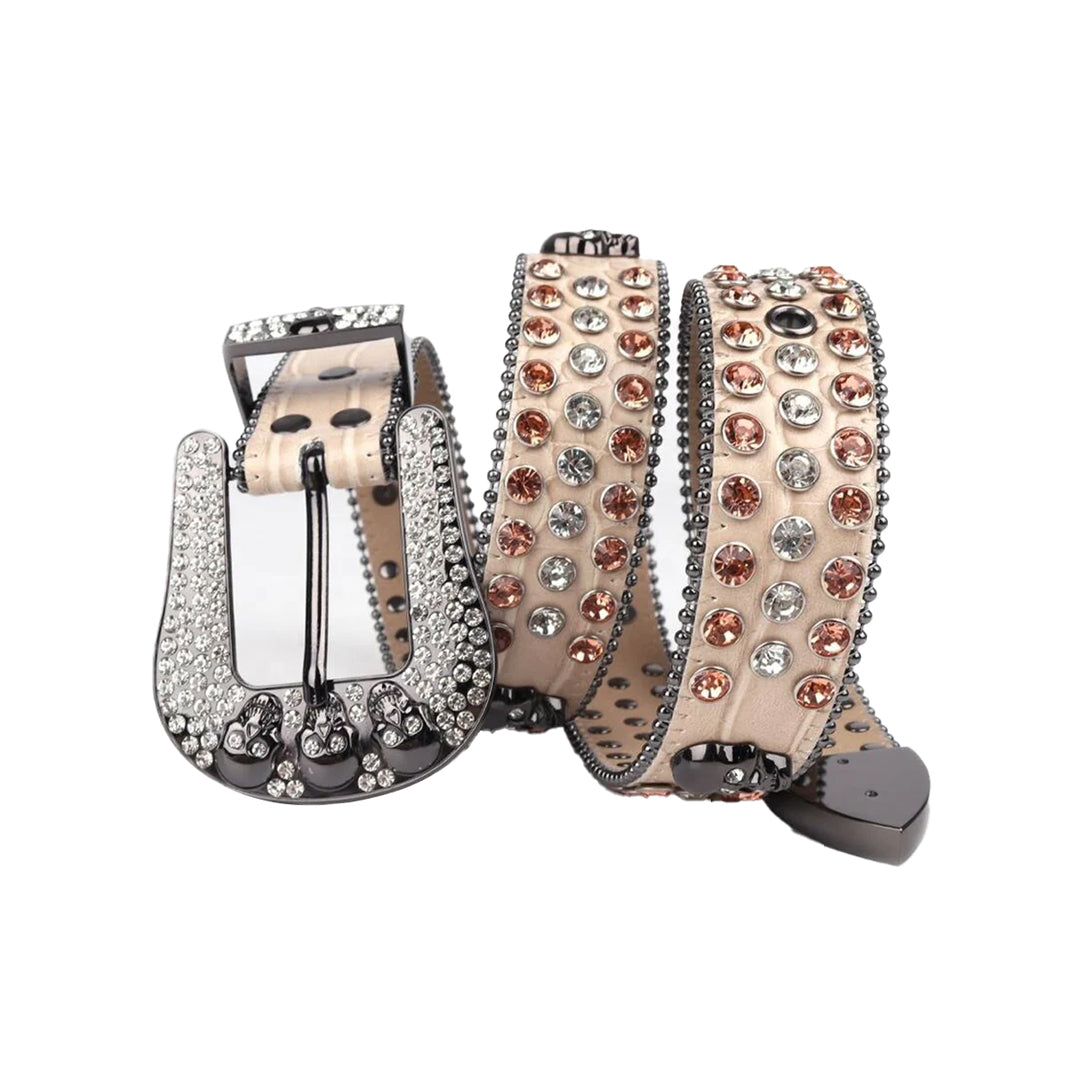 Skull Buckle Beige Strap With Brown & Crystal Studded Rhinestone Belt