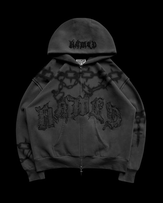 Chains Zip Rhinestone Hoodie Cast Iron