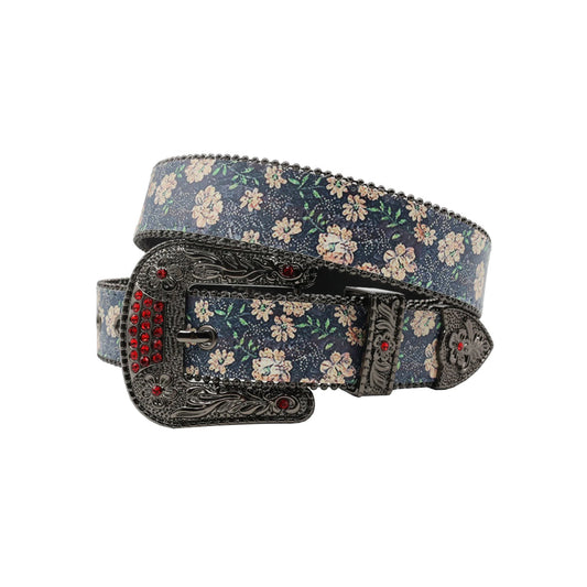 Black Buckle Flower Strap With Red Studdent Rhinestone Belt