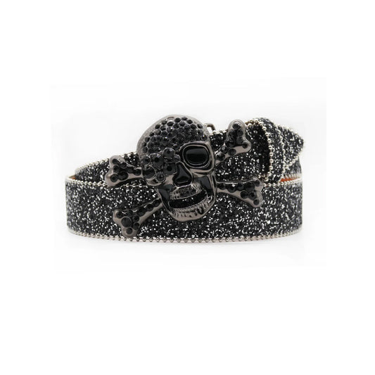 Midnight Black Western Rhinestone Belt with Intricate Skull Buckle