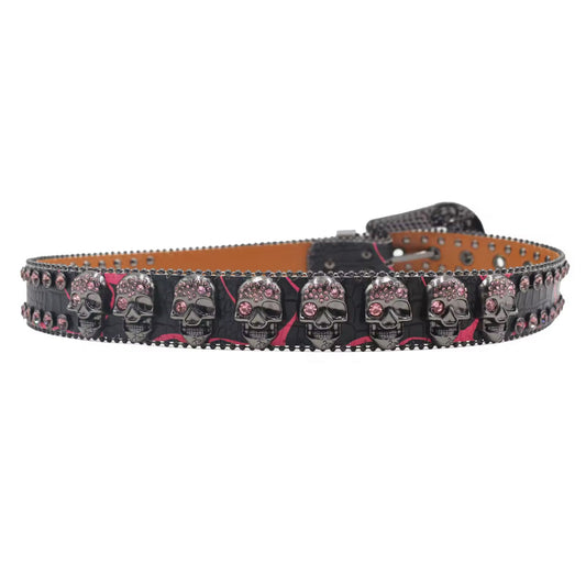 Skull Buckle Black Strap With Pink Crystal Studded Rhinestone Belt
