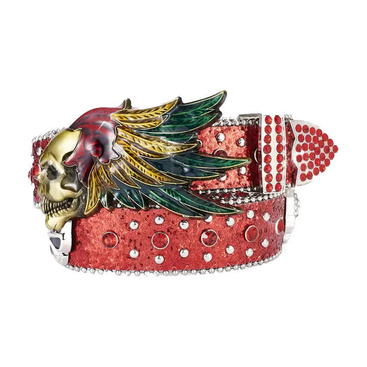 Feather Buckle Red Strap Crystal Studded Rhinestone Belt