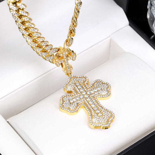 Big Gold Cross Rhinestone Necklace