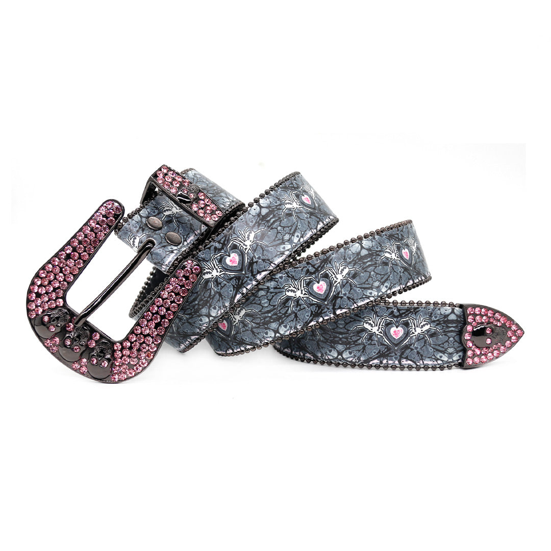 Skull Buckle Spider Strap With Pink Studded Rhinestone Belt