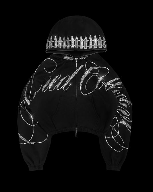Enemy Rhinestone Crop Zip Hoodie