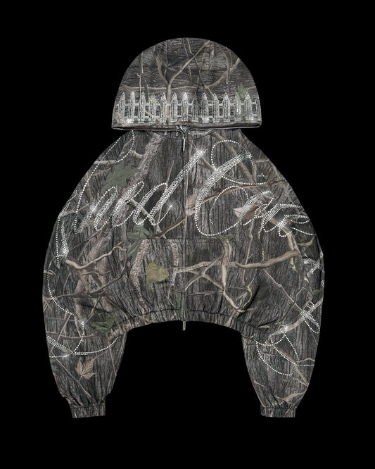 Enemy Rhinestone Crop Zip Hoodie Tree Camo