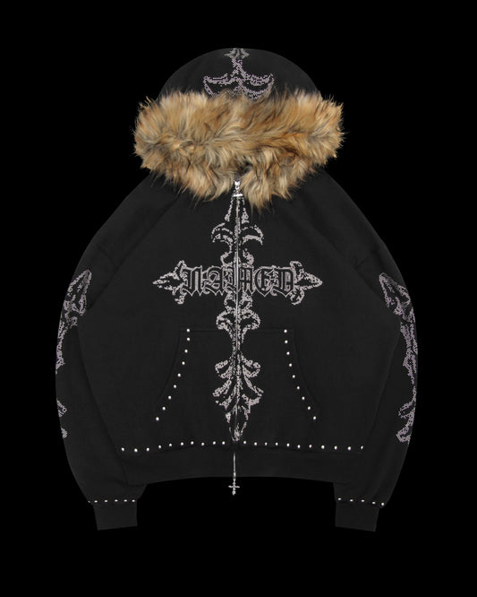 Feral Faux Fur Studded Zip Rhinestone Hoodie