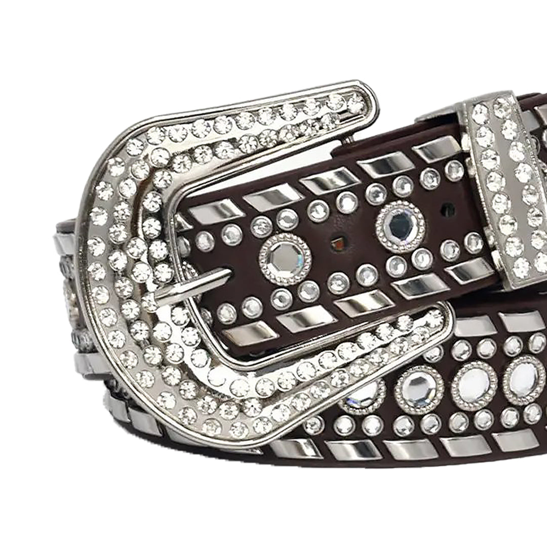 Diamond Rhinestone and Silver Studs Belt With D/Brown Strap
