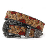 Engraved Buckle Flower Art White Studded Rhinestone Belt