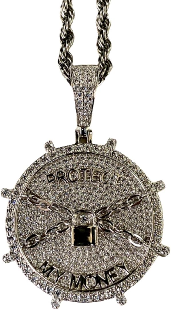Protect My Money Words Round Pendent Rhinestone Necklace