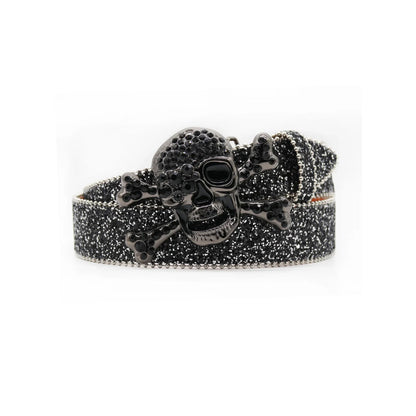 Midnight Black Western Rhinestone Belt with Intricate Skull Buckle