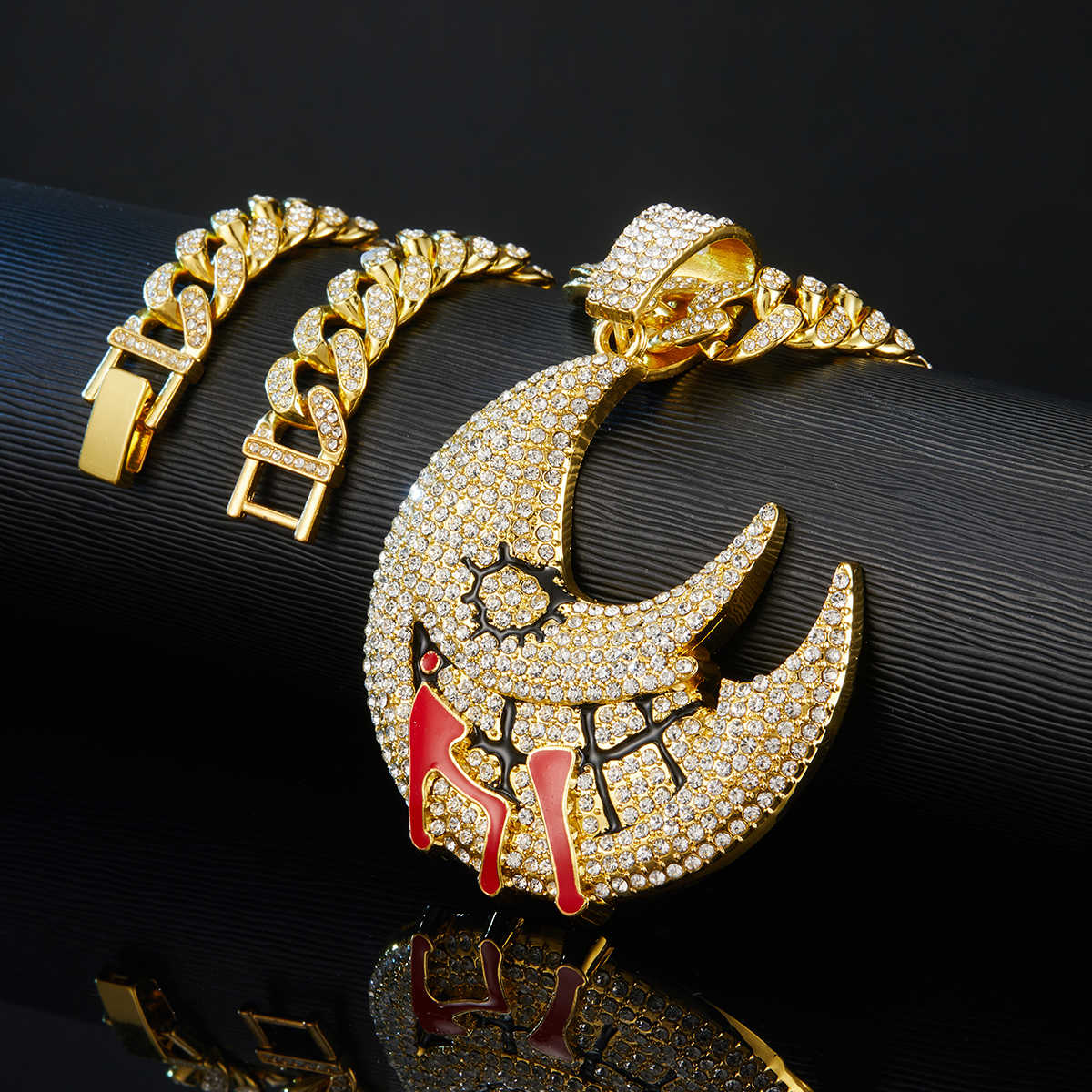 Miami Red Enamel Ramadan Moon Rhinestone Necklace