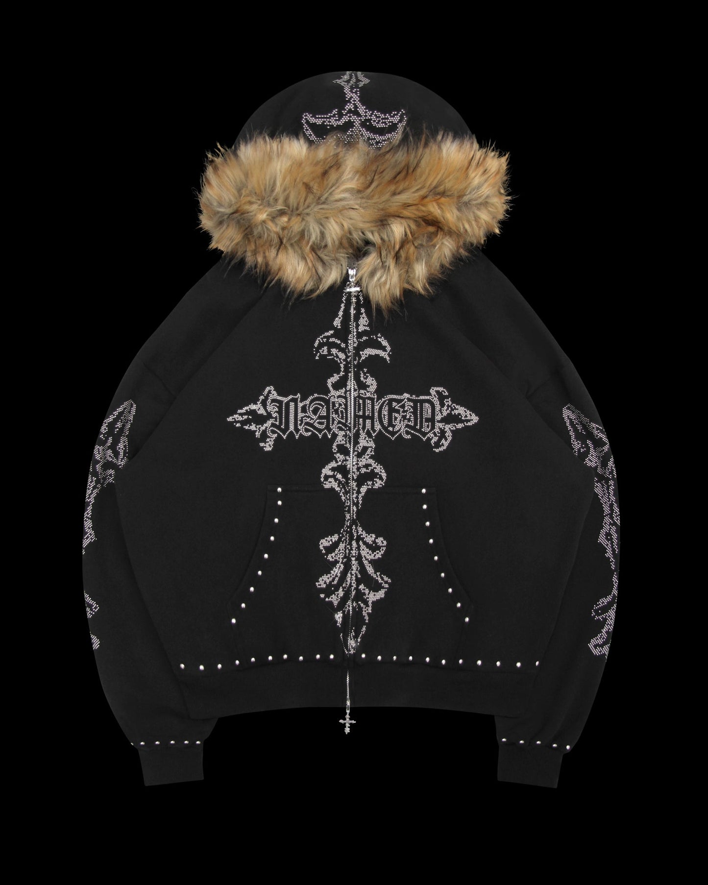 Feral Faux Fur Studded Zip Rhinestone Hoodie